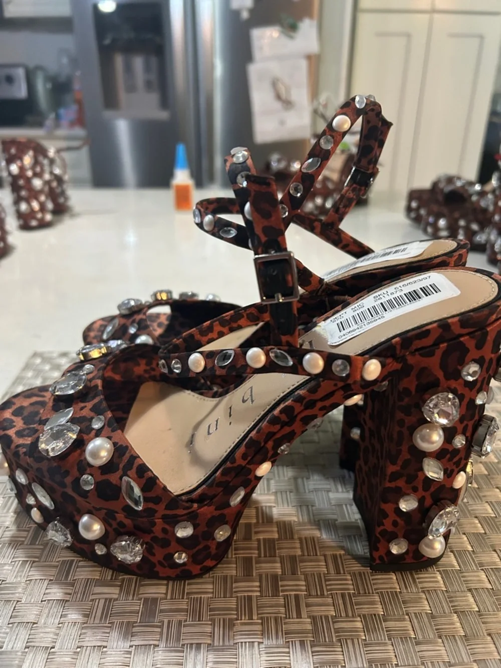 Leopard Print Platform Block Heels with Stud Accents - Brown no box